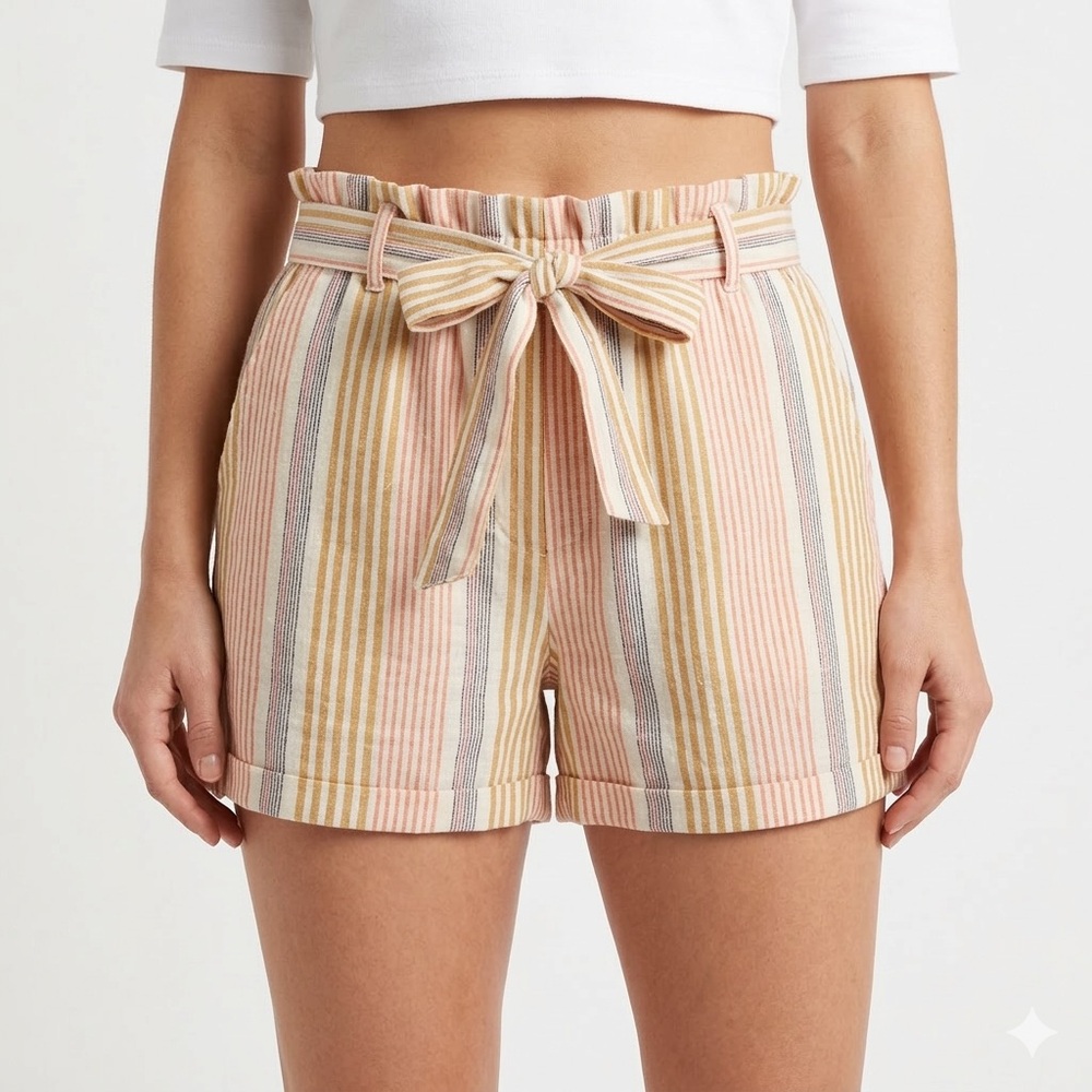 Kaisley Woman’s Striped Paperbag Waist Tie-Front Shorts Pink & Tan — Size Medoum